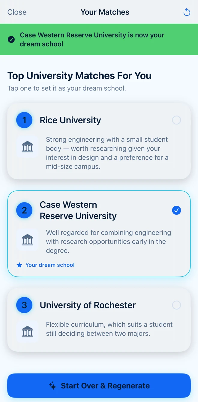College matches with a plain-language reason for each school